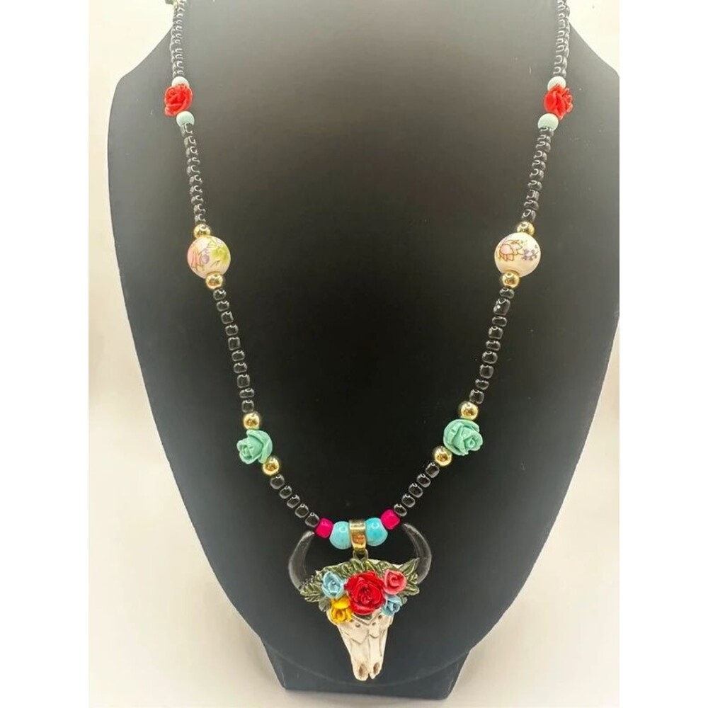 Floral Cow Skull Necklace 20-23 Inch Necklace